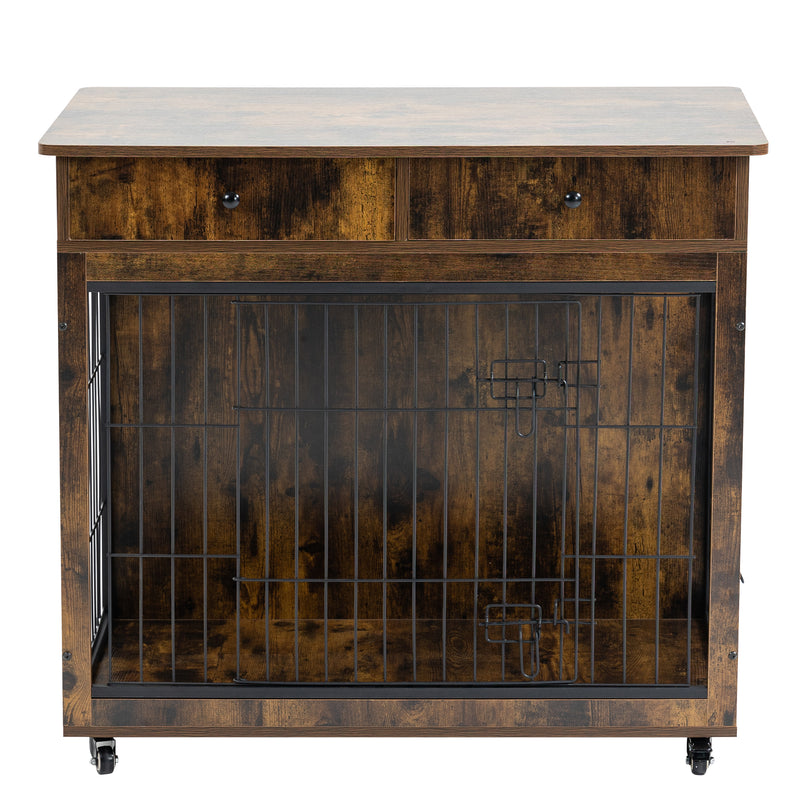 Dog Crate Furniture, Wooden Dog Crate End Table, Dog Kennel with 2 Drawers Storage, Heavy Duty Dog Crate, Decorative Pet Crate Dog Cage for Large Indoor Use