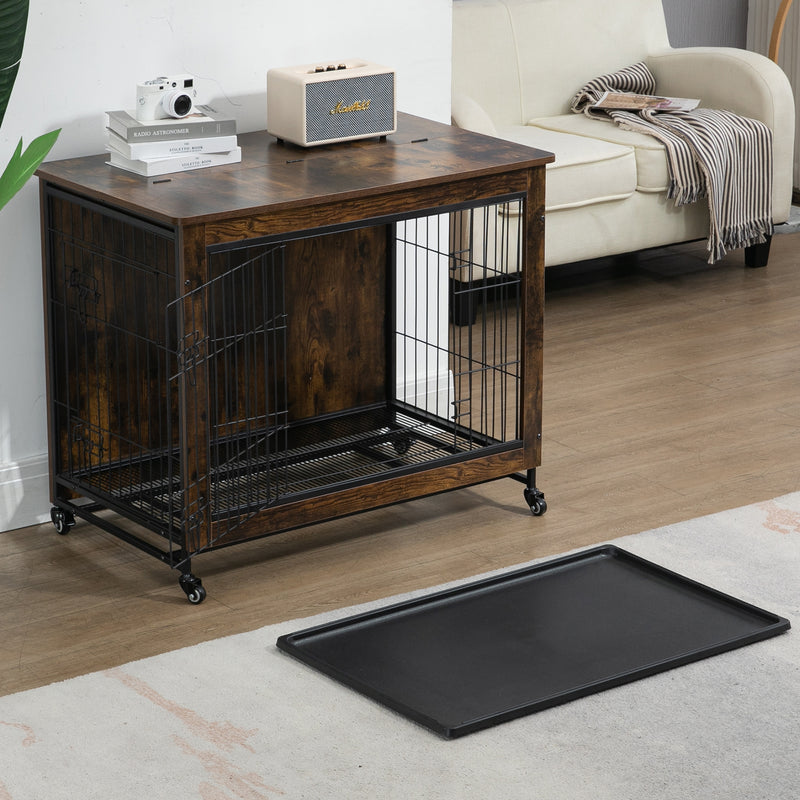 Dog Crate Furniture , Heavy Duty Wooden Dog Kennel with Double Doors & Flip-Top for Large Dogs, Furniture Style Dog Crate End Table with Wheels