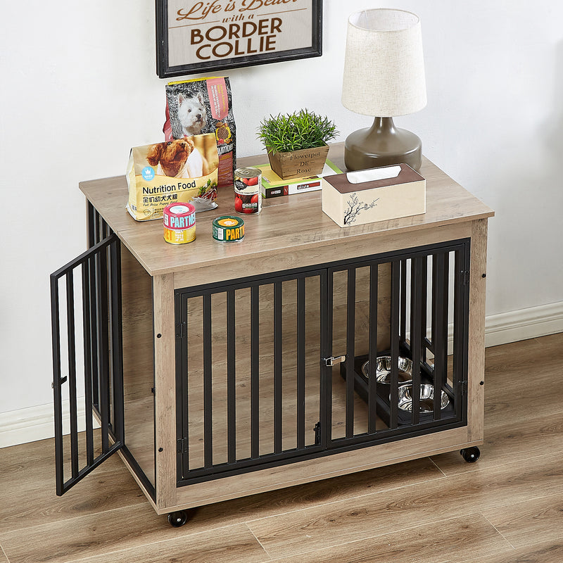 Furniture Style Dog Crate Side Table With Feeding Bowl, Wheels, Three Doors, Flip-Up Top Opening. Indoor, Rustic Brown, Grey