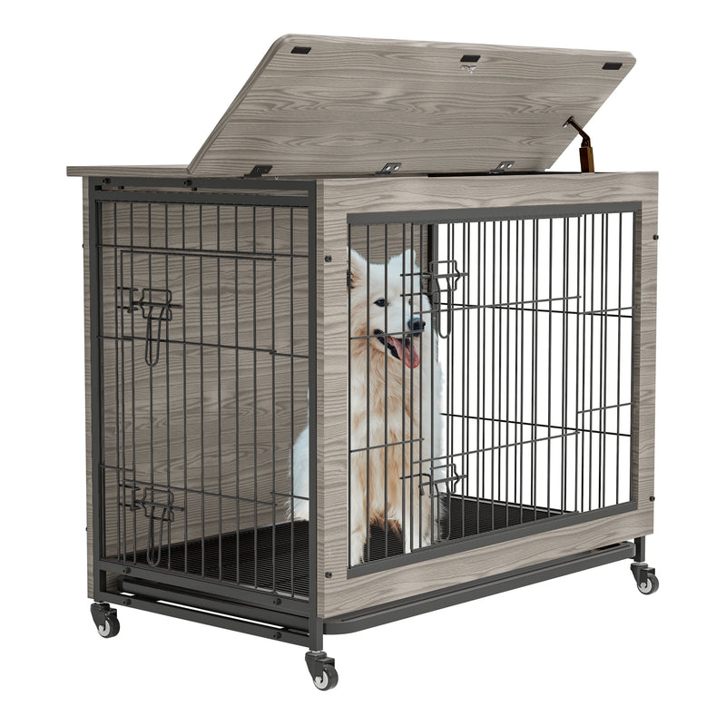 Dog Crate Furniture , Heavy Duty Wooden Dog Kennel with Double Doors & Flip-Top for Large Dogs, Furniture Style Dog Crate End Table with Wheels