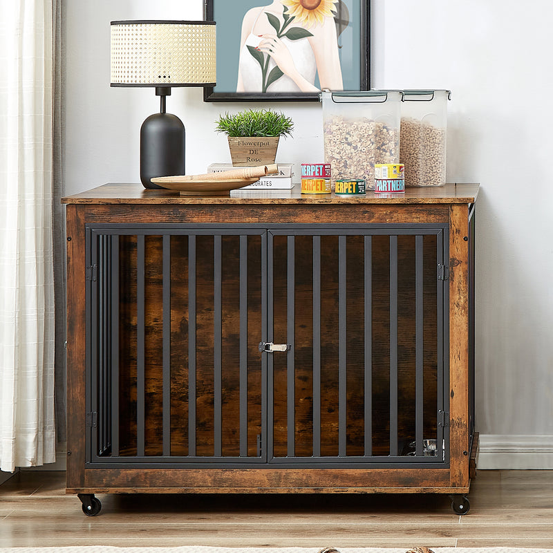 Furniture Style Dog Crate Side Table With Feeding Bowl, Wheels, Three Doors, Flip-Up Top Opening. Indoor, Rustic Brown, Grey