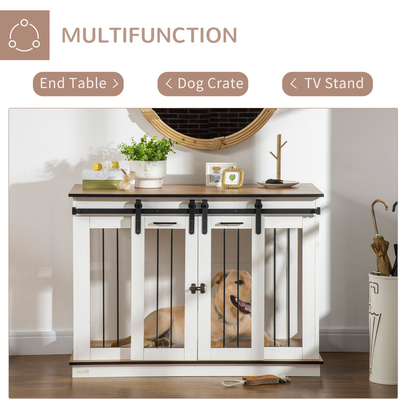 Dog Crate Furniture with Divider, Dog Crate End Table for Small to Large Dogs, Large Indoor Dog Kennel with Double Doors, 47"W x 23.5"D x 35"H, White