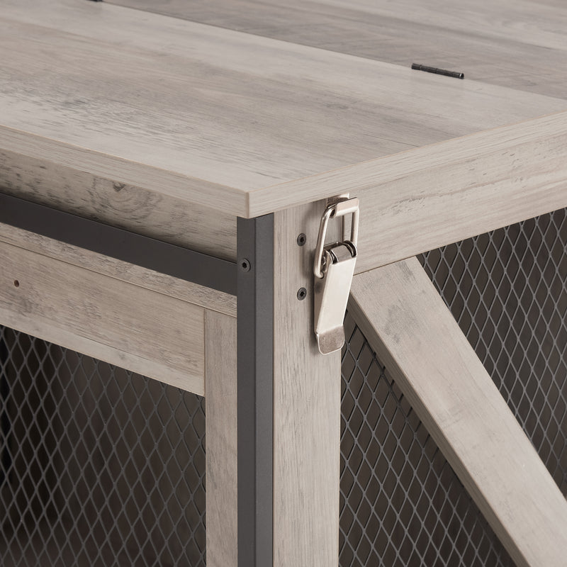 Dog Cage Crate Furniture with Sliding Barn Door, Farmhouse Wooden Dog Kennel End Table with Flip-top Plate Dog House with Detachable Divider for Small/Medium/Large Dog