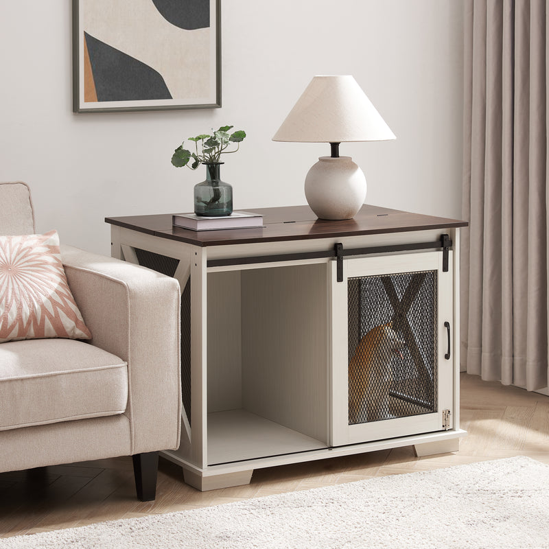Farmhouse Dog Cage Crate Furniture with Sliding Barn Door, Farmhouse Wooden Dog Kennel End Table with Flip-top Plate Dog House with Detachable Divider for Small/Medium/Large Dog White