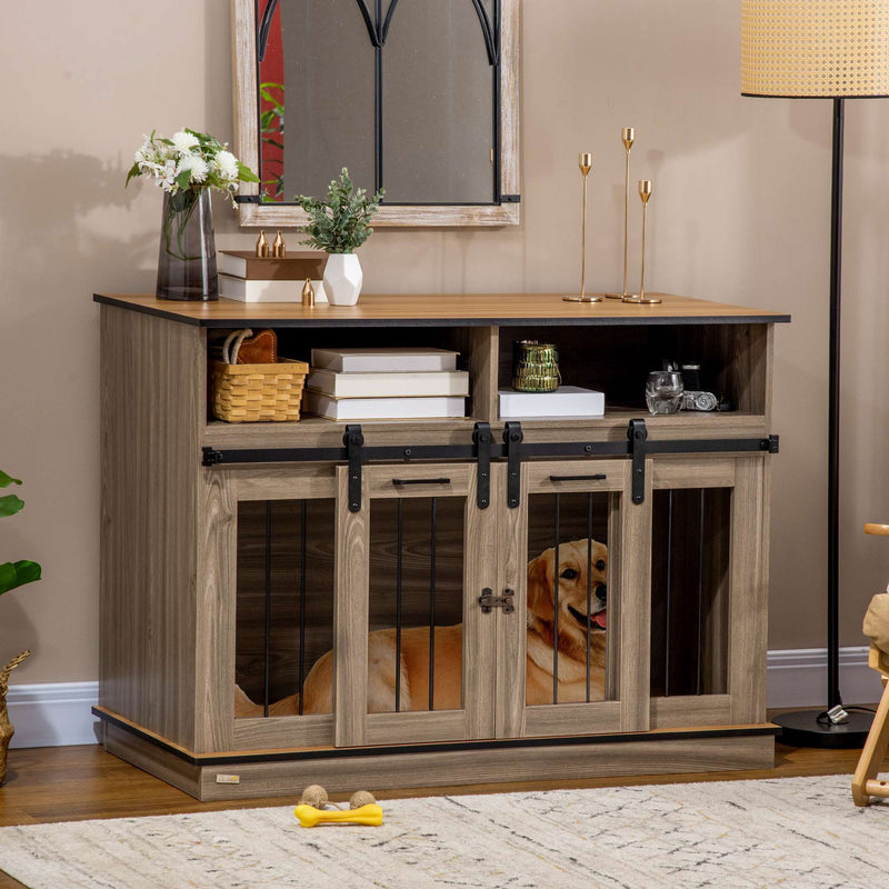 Dog Crate Furniture for Large Dogs or Double Dog Kennel for Small Dogs with Shelves, Sliding Doors, 47" x 23.5" x 35", Oak