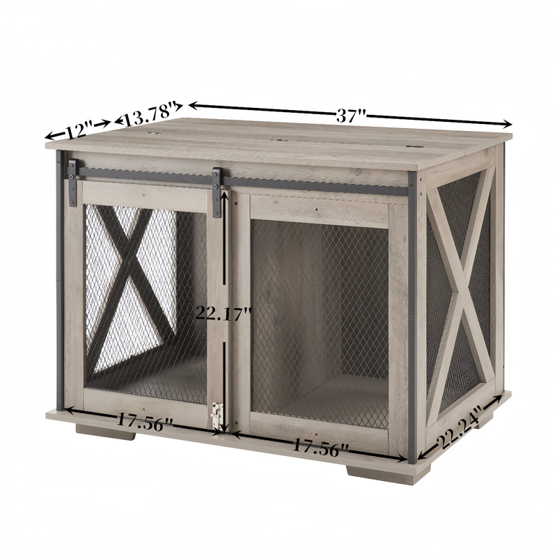 Dog Cage Crate Furniture with Sliding Barn Door, Farmhouse Wooden Dog Kennel End Table with Flip-top Plate Dog House with Detachable Divider for Small/Medium/Large Dog
