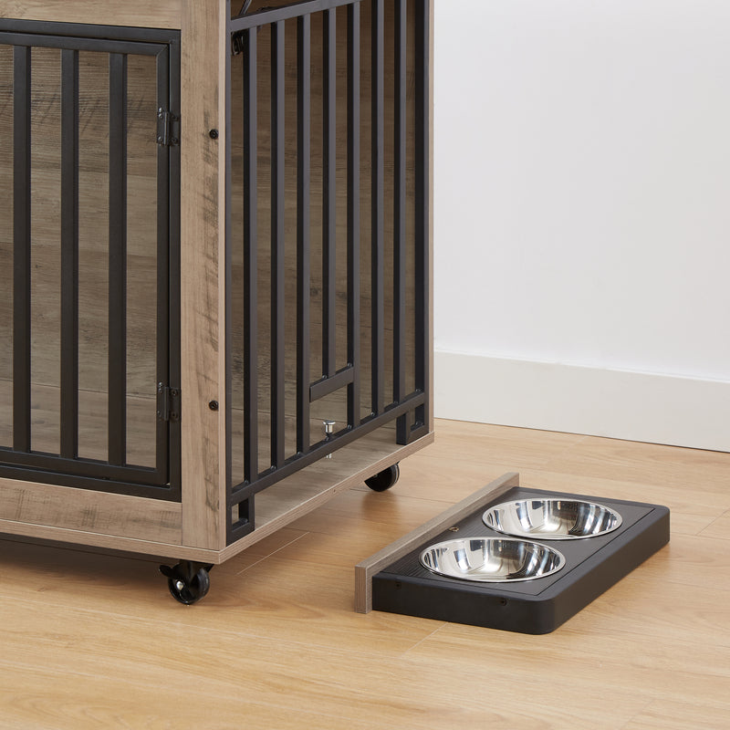 Furniture Style Dog Crate Side Table With Feeding Bowl, Wheels, Three Doors, Flip-Up Top Opening. Indoor, Rustic Brown, Grey