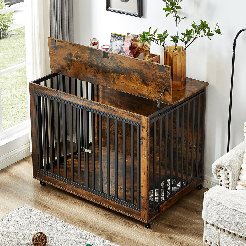 Furniture Style Dog Crate Side Table With Feeding Bowl, Wheels, Three Doors, Flip-Up Top Opening. Indoor, Rustic Brown, Grey