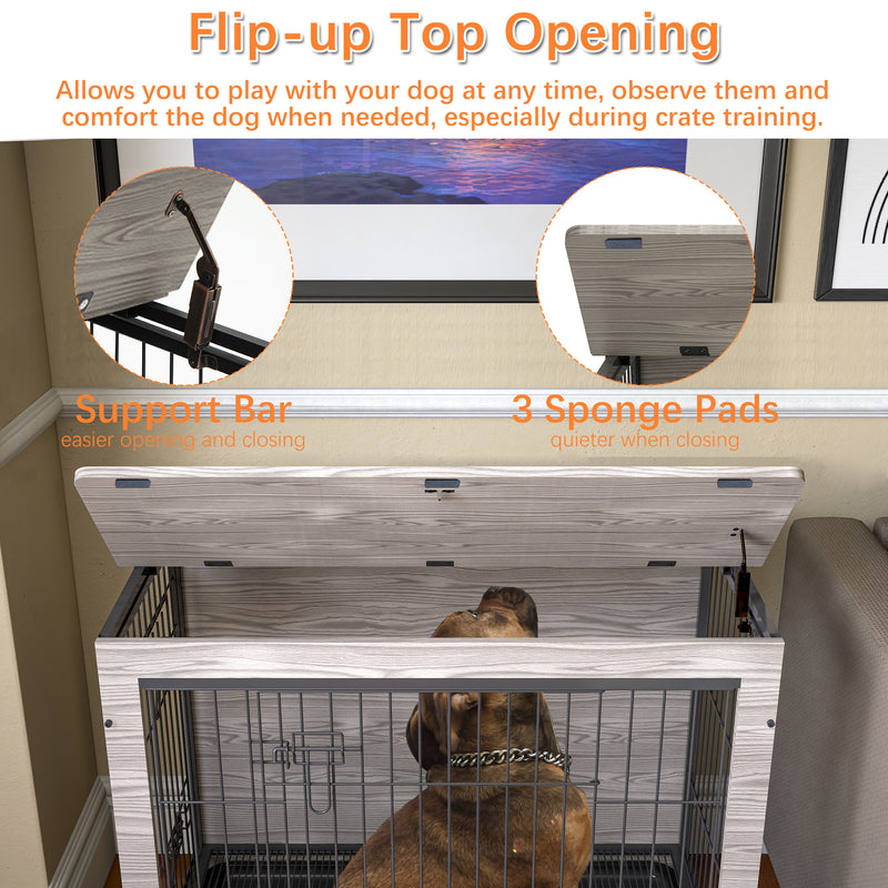 Dog Crate Furniture , Heavy Duty Wooden Dog Kennel with Double Doors & Flip-Top for Large Dogs, Furniture Style Dog Crate End Table with Wheels