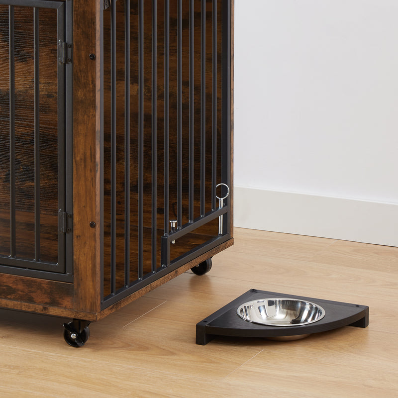 Furniture Style Dog Crate Side Table With Rotatable Feeding Bowl, Wheels, Three Doors, Flip-Up Top Opening. Indoor, Rustic Brown, Grey