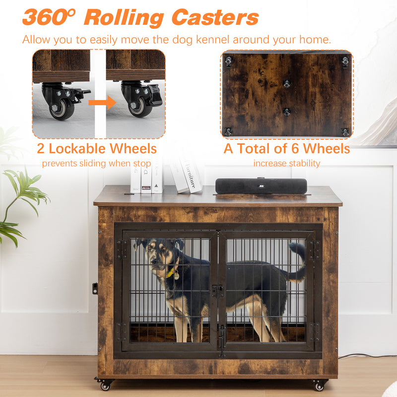 Dog Crate Furniture, Large Dog Kennel, Wooden Pet Furniture with Pull-Out Tray, Home and Indoor Use, Double Door Modern Side End Table for Medium/Large/Small Dog