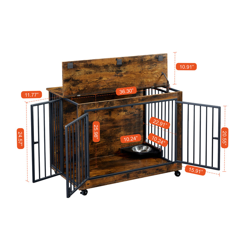 Furniture Style Dog Crate Side Table With Rotatable Feeding Bowl, Wheels, Three Doors, Flip-Up Top Opening. Indoor, Rustic Brown, Grey