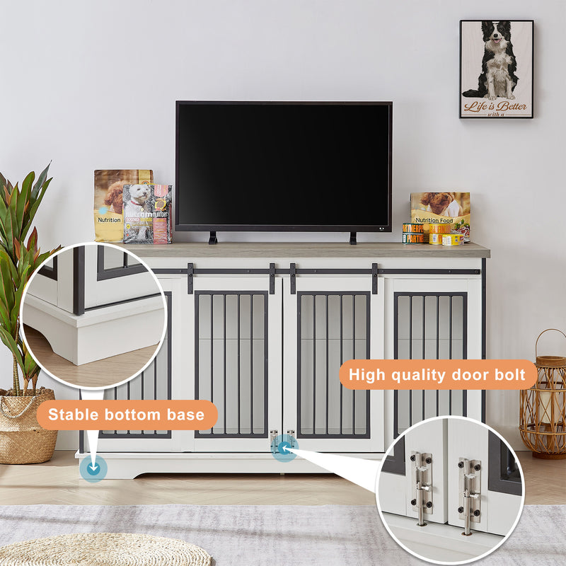Super large TV cabinet dog crate dog cage End table, dog cage can keep two dogs.White & Grey, 60.6'' W x 22.8'' D x 33.9'' H.