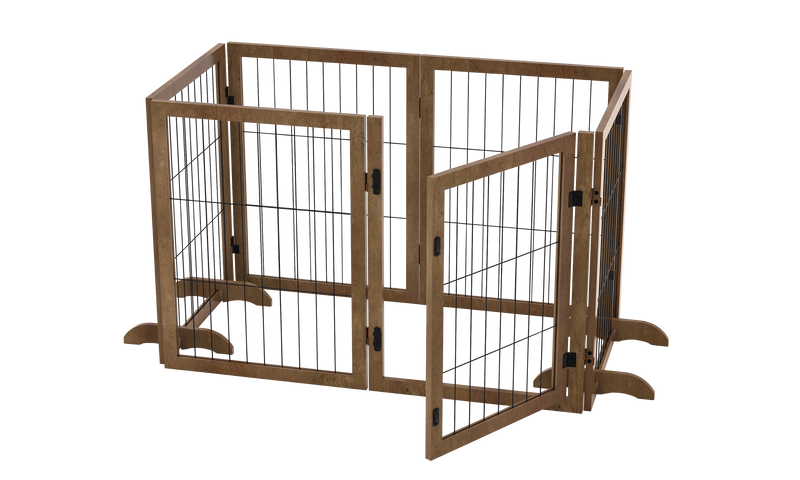 Dog Gate with Door Pet Dog Fence Barrier 6 Panels 144-inch Wide 32-inch Tall Foldable Multiple Shapes Freestanding with Support Feet Indoor Use for House Doorway Stairs Plant Stand