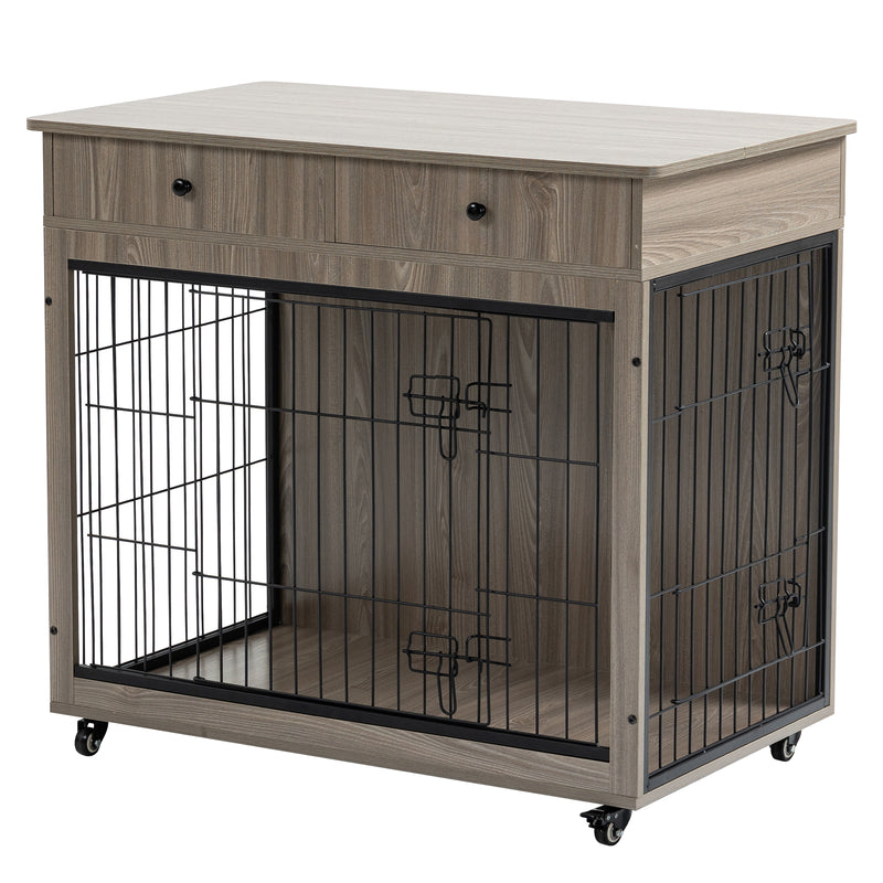 Dog Crate Furniture, Wooden Dog Crate End Table, Dog Kennel with 2 Drawers Storage, Heavy Duty Dog Crate, Decorative Pet Crate Dog Cage for Large Indoor Use