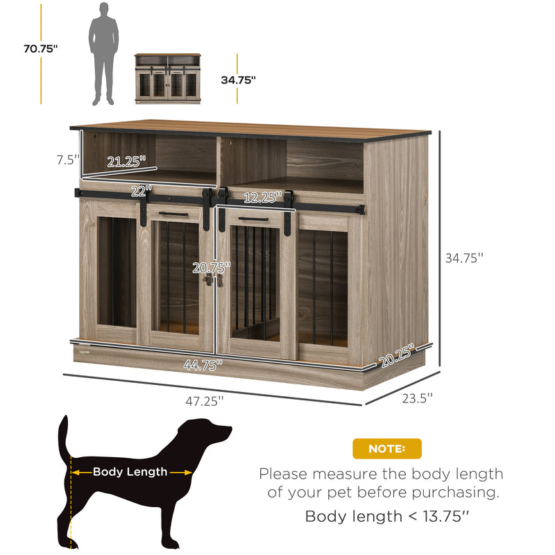 Dog Crate Furniture for Large Dogs or Double Dog Kennel for Small Dogs with Shelves, Sliding Doors, 47" x 23.5" x 35", Oak