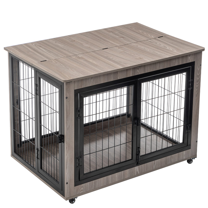 Dog Crate Furniture, Large Dog Kennel, Wooden Pet Furniture with Pull-Out Tray, Home and Indoor Use, Double Door Modern Side End Table for Medium/Large/Small Dog