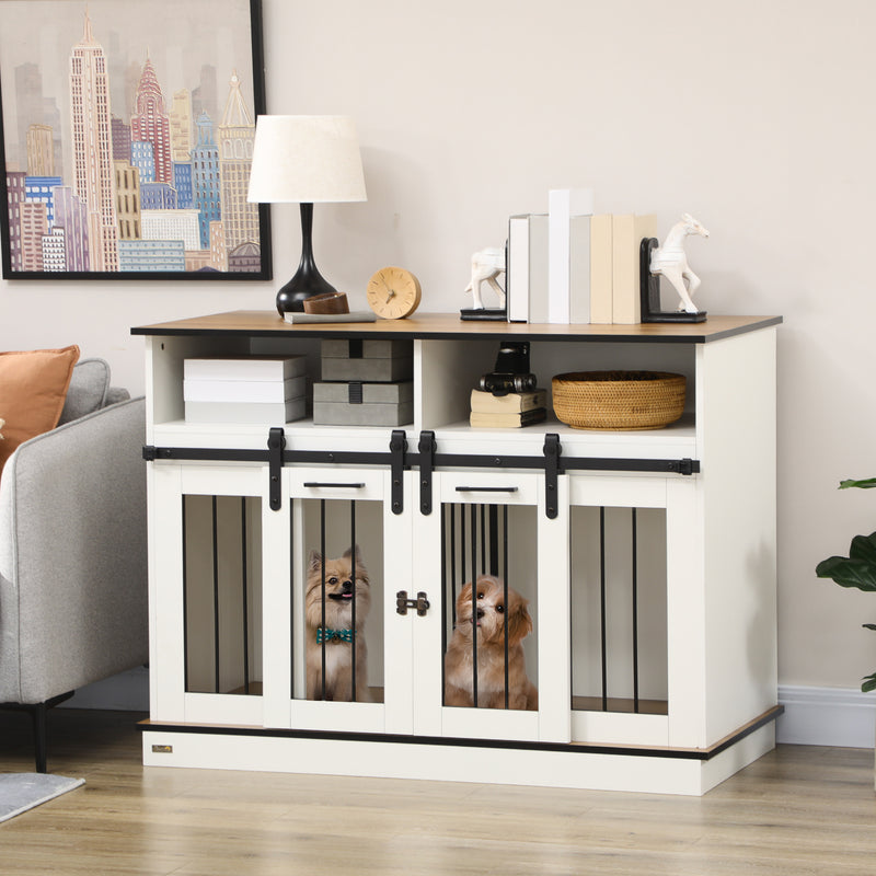 Dog Crate Furniture for Large Dogs or Double Dog Kennel for Small Dogs with Shelves, Sliding Doors, 47" x 23.5" x 35", White
