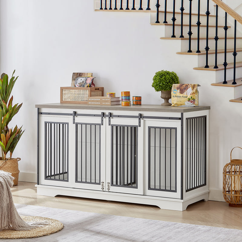 Super large TV cabinet dog crate dog cage End table, dog cage can keep two dogs.White & Grey, 60.6'' W x 22.8'' D x 33.9'' H.