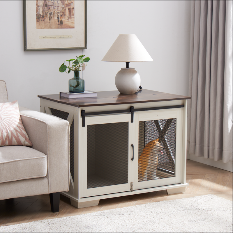 Dog Cage Crate Furniture with Sliding Barn Door, Farmhouse Wooden Dog Kennel End Table with Flip-top Plate Dog House with Detachable Divider for Small/Medium/Large Dog