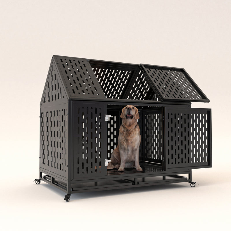 45" Heavy Duty Dog Crate 45 inch Indestructible Pet Dog Cage Crate Kennel with Roof Top 2 Doors Removable Trays, Lockable Wheels, Escape-Proof for High Anxiety Large/Extra Dogs
