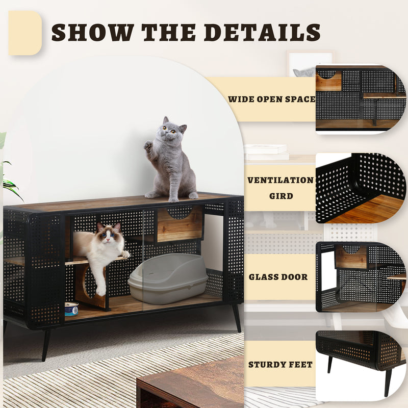 55.12 "Spacious Cat House with Tempered Glass, for Living Room, Hallway, Study and Other Spaces (White,Black)