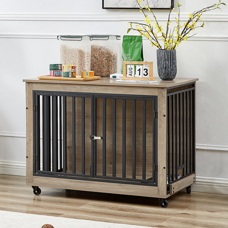 Furniture Style Dog Crate Side Table With Feeding Bowl, Wheels, Three Doors, Flip-Up Top Opening. Indoor, Rustic Brown, Grey