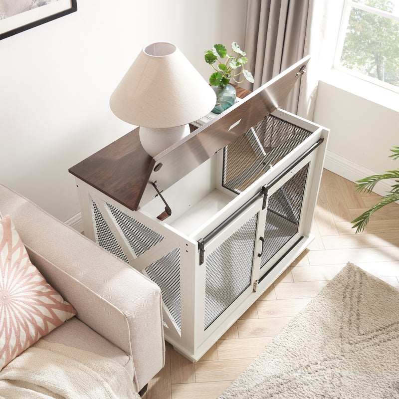 Dog Cage Crate Furniture with Sliding Barn Door, Farmhouse Wooden Dog Kennel End Table with Flip-top Plate Dog House with Detachable Divider for Small/Medium/Large Dog