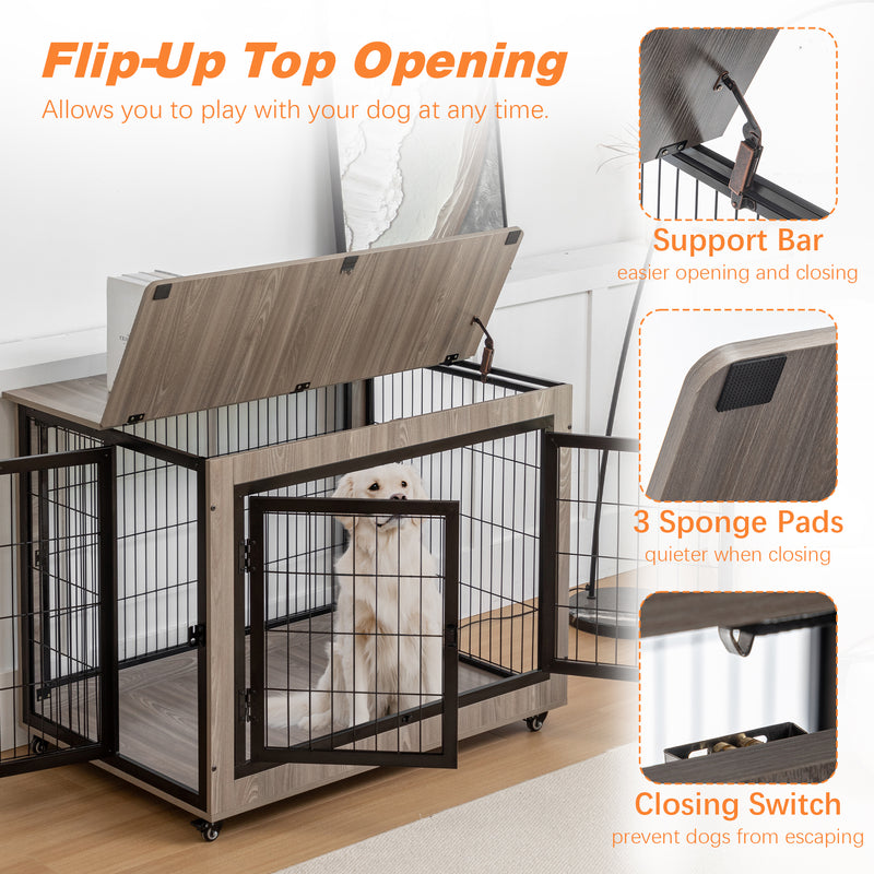 Dog Crate Furniture, Large Dog Kennel, Wooden Pet Furniture with Pull-Out Tray, Home and Indoor Use, Double Door Modern Side End Table for Medium/Large/Small Dog