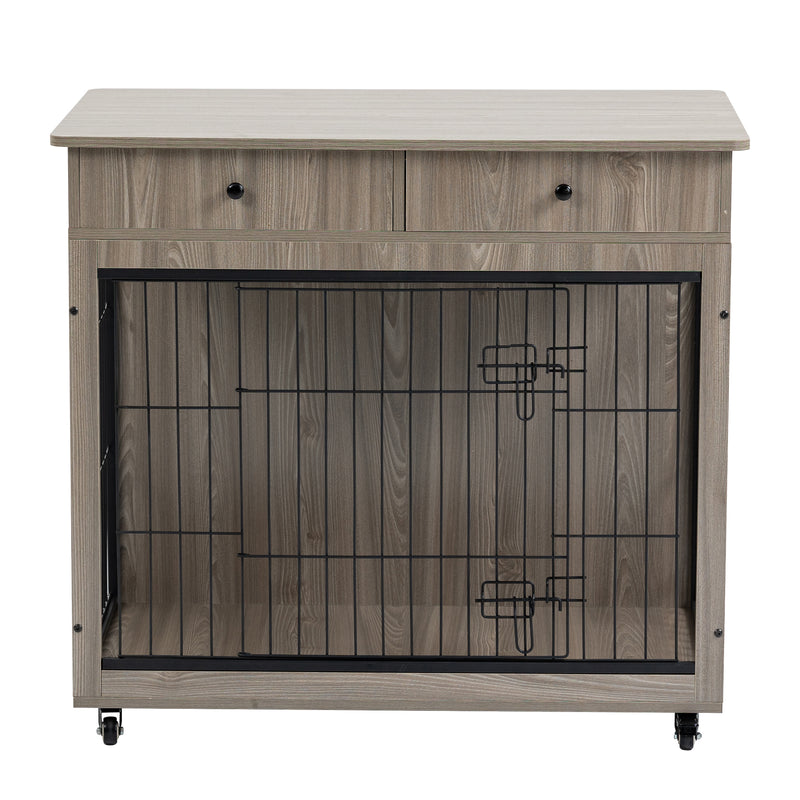 Dog Crate Furniture, Wooden Dog Crate End Table, Dog Kennel with 2 Drawers Storage, Heavy Duty Dog Crate, Decorative Pet Crate Dog Cage for Large Indoor Use