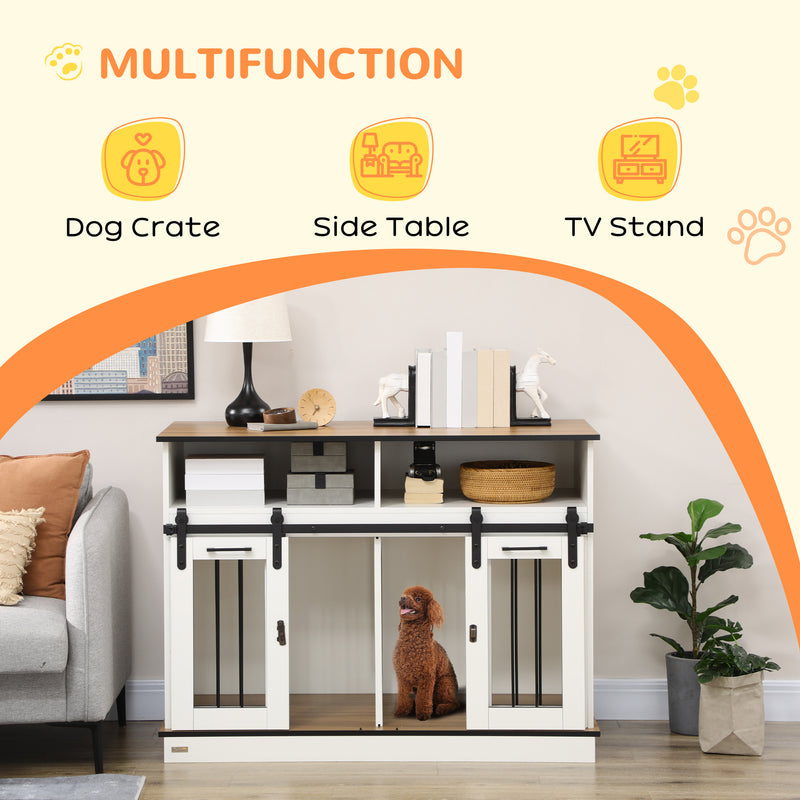 Dog Crate Furniture for Large Dogs or Double Dog Kennel for Small Dogs with Shelves, Sliding Doors, 47" x 23.5" x 35", White