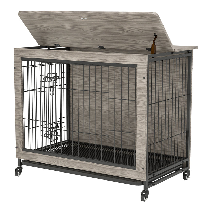 Dog Crate Furniture , Heavy Duty Wooden Dog Kennel with Double Doors & Flip-Top for Large Dogs, Furniture Style Dog Crate End Table with Wheels