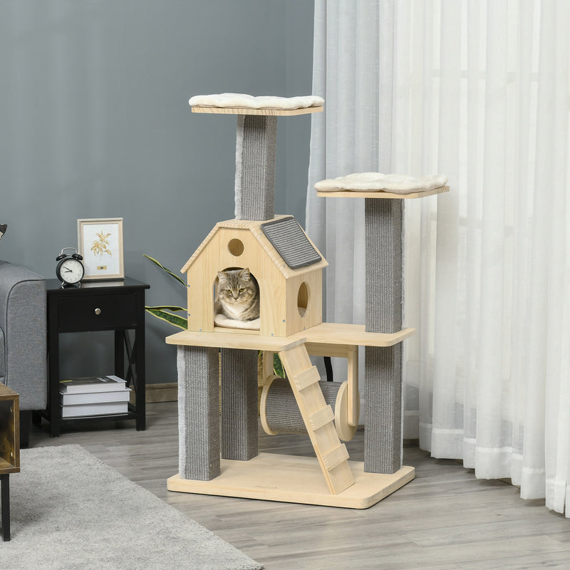 Cozy-House Cat Tree for Indoor Cats with Pillow-Covered Perches, Spinning Toy, Modern Climbing Activity Cat Tower with Scratching Posts, Cat Condo, Ladder, Natural