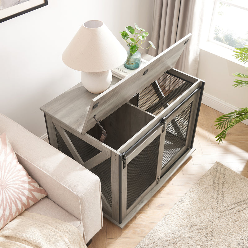 Dog Cage Crate Furniture with Sliding Barn Door, Farmhouse Wooden Dog Kennel End Table with Flip-top Plate Dog House with Detachable Divider for Small/Medium/Large Dog