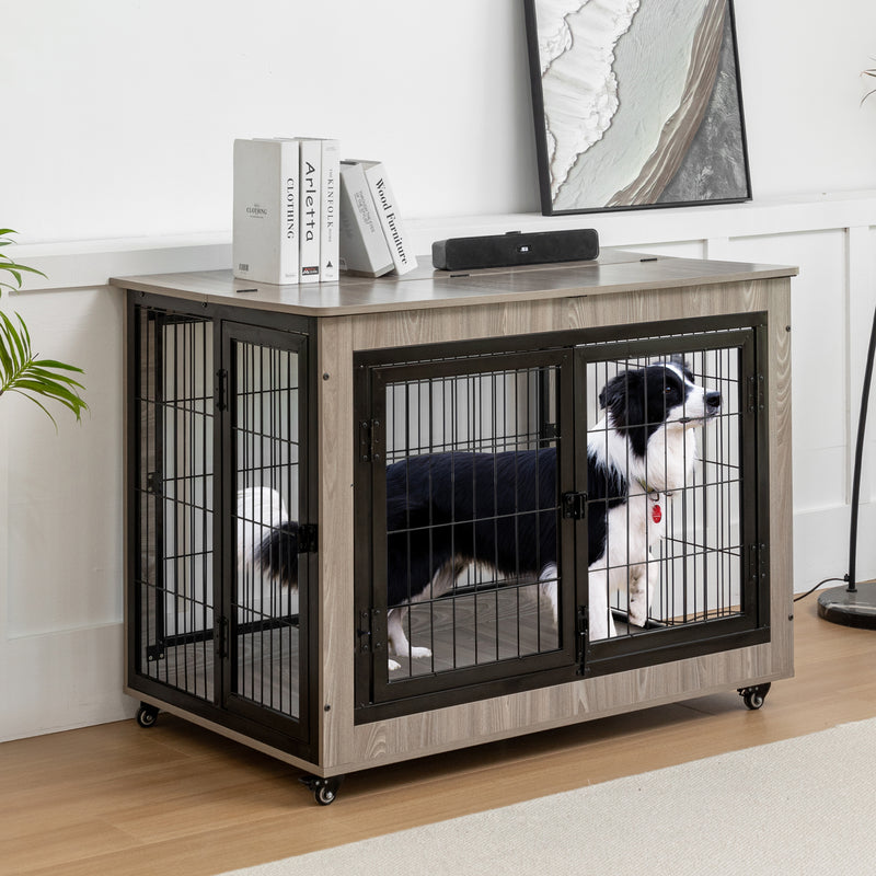 Dog Crate Furniture, Large Dog Kennel, Wooden Pet Furniture with Pull-Out Tray, Home and Indoor Use, Double Door Modern Side End Table for Medium/Large/Small Dog