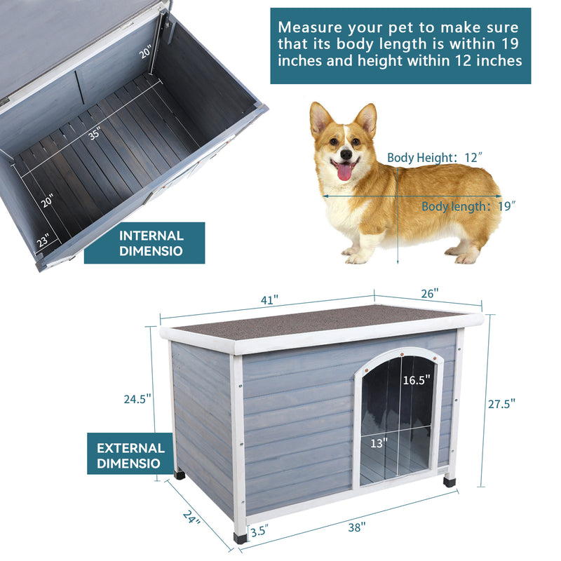 Medium Wooden Outdoor Dog House, Waterproof Roof, Elevated Floor, Adjustable Plastic Feet, Red, Grey, Yellow