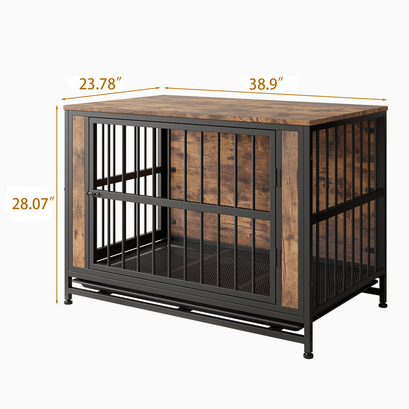 Dog Crate Furniture, Wooden Dog Crate Table, Dog Kennel with 2 Sliding Doors and Thick Iron Door Frame, Decorative Pet Crate House for Small Dog Indoor Use