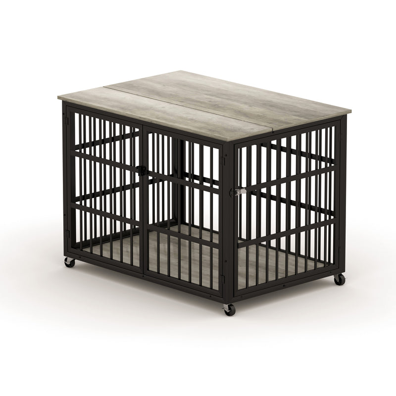 Furniture style dog crate wrought iron frame door with side openings, Rustic Brown, 43.3''W x 29.9''D x 33.5''H.