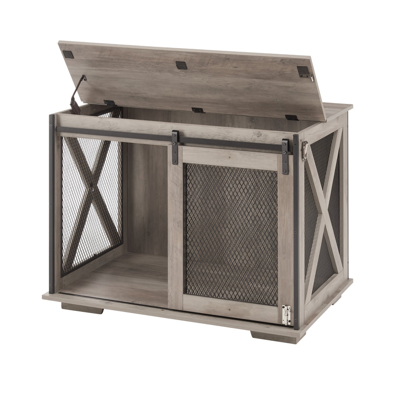 Dog Cage Crate Furniture with Sliding Barn Door, Farmhouse Wooden Dog Kennel End Table with Flip-top Plate Dog House with Detachable Divider for Small/Medium/Large Dog