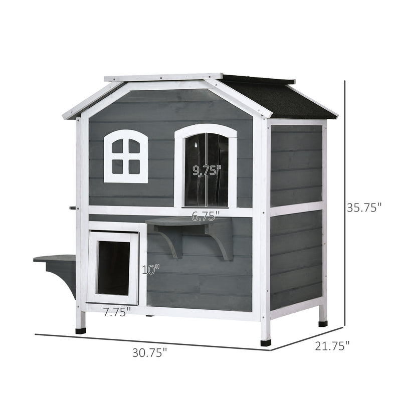 2-story Cat House Outdoor, Weatherproof Wooden Cat Enclosure for Feral Cats with Escape Door, Openable Roof, Jumping Platforms, Gray
