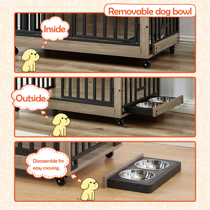 Furniture Style Dog Crate Side Table With Feeding Bowl, Wheels, Three Doors, Flip-Up Top Opening. Indoor, Rustic Brown, Grey