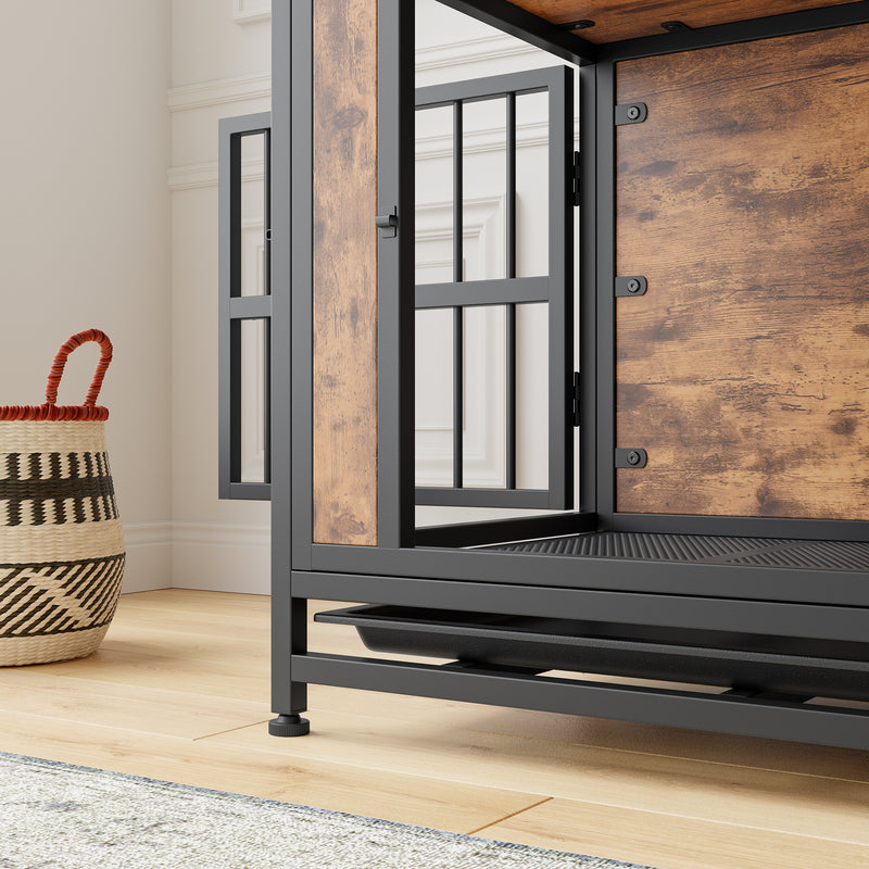 Dog Crate Furniture, Wooden Dog Crate Table, Dog Kennel with 2 Sliding Doors and Thick Iron Door Frame, Decorative Pet Crate House for Small Dog Indoor Use