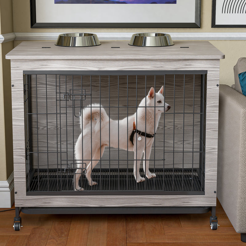 Dog Crate Furniture , Heavy Duty Wooden Dog Kennel with Double Doors & Flip-Top for Large Dogs, Furniture Style Dog Crate End Table with Wheels