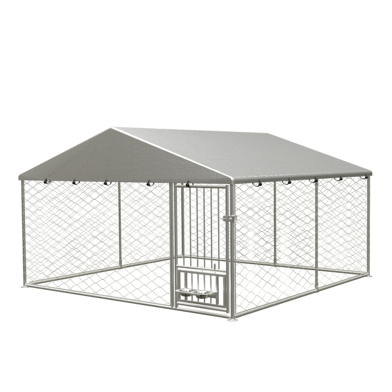 Large outdoor kennel, heavy duty outdoor fenced dog cage with swivel feeder, outdoor dog playpen with waterproof UV protection cover and safety lock,10' W x 10' D x 5' H.