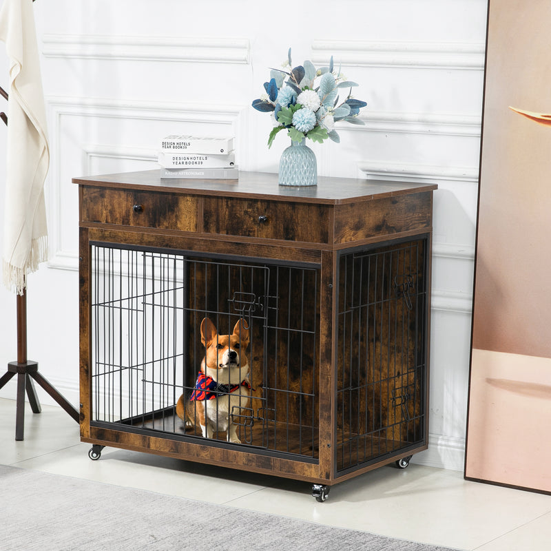 Dog Crate Furniture, Wooden Dog Crate End Table, Dog Kennel with 2 Drawers Storage, Heavy Duty Dog Crate, Decorative Pet Crate Dog Cage for Large Indoor Use