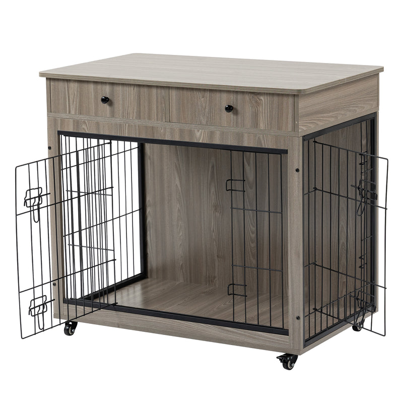 Dog Crate Furniture, Wooden Dog Crate End Table, Dog Kennel with 2 Drawers Storage, Heavy Duty Dog Crate, Decorative Pet Crate Dog Cage for Large Indoor Use