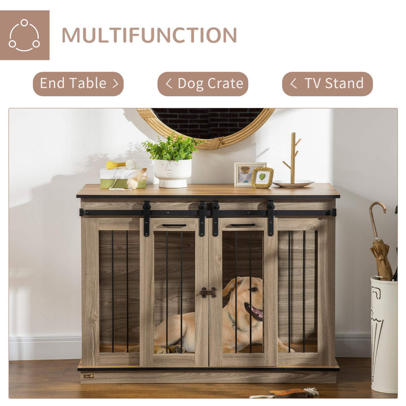 Dog Crate Furniture with Divider, Dog Crate End Table for Small to Large Dogs, Large Indoor Dog Kennel with Double Doors, 47"W x 23.5"D x 35"H, Oak