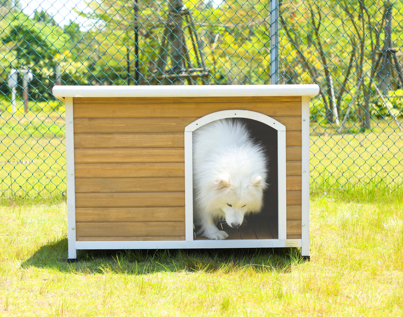 Medium Wooden Outdoor Dog House, Waterproof Roof, Elevated Floor, Adjustable Plastic Feet, Red, Grey, Yellow