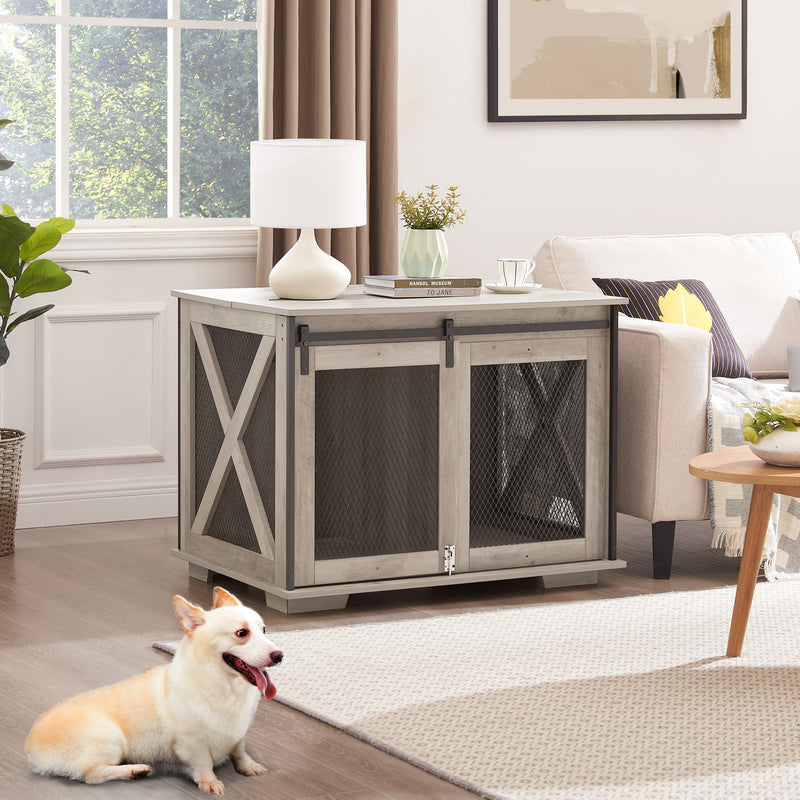 Dog Cage Crate Furniture with Sliding Barn Door, Farmhouse Wooden Dog Kennel End Table with Flip-top Plate Dog House with Detachable Divider for Small/Medium/Large Dog