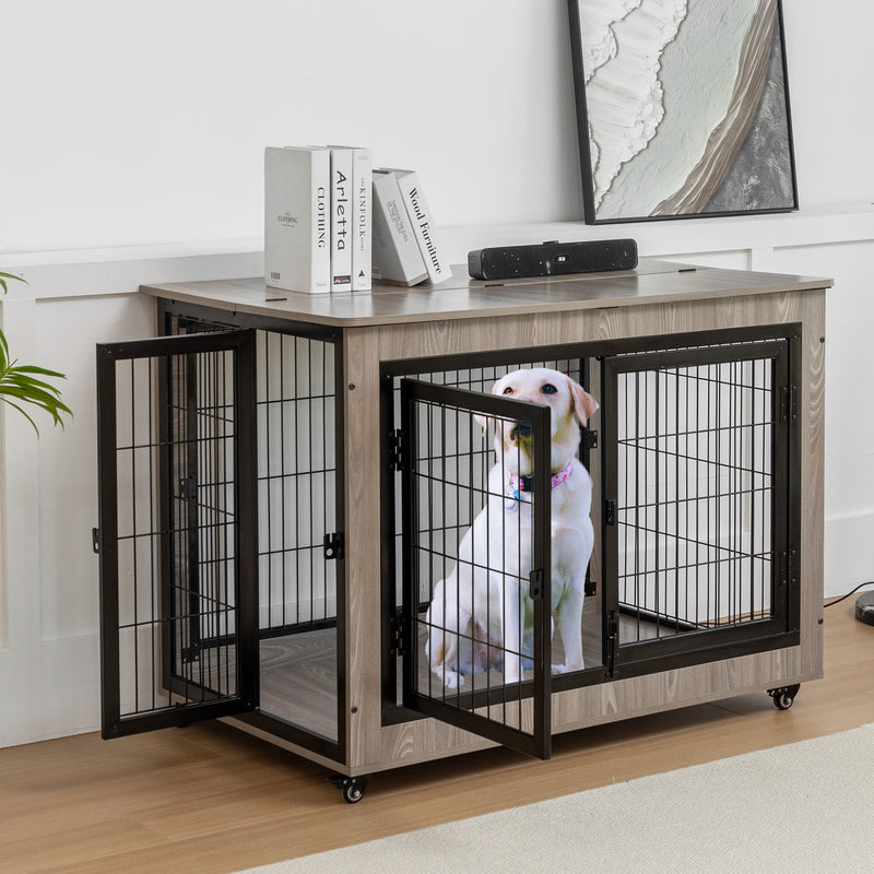 Dog Crate Furniture, Large Dog Kennel, Wooden Pet Furniture with Pull-Out Tray, Home and Indoor Use, Double Door Modern Side End Table for Medium/Large/Small Dog